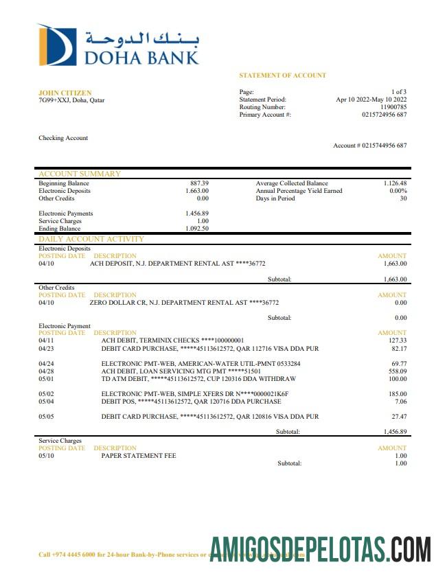 Qatar Doha extrato bancário amostra